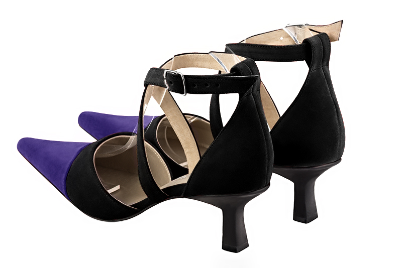 Violet purple and matt black women's open side shoes, with crossed straps. Pointed toe. Medium spool heels. Rear view - Florence KOOIJMAN
